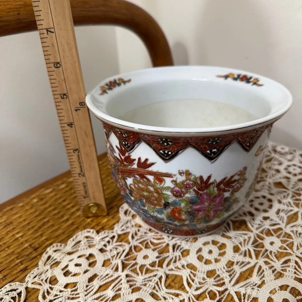 Vintage Chinese Export Porcelain Jardiniere Planter Birds Flowers Gold Gilt 5